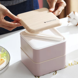 Two Tier Wooden Lid Lunch Box Square