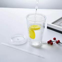 Multi-Colored Collision Tumbler With Straw Reusable Transparent Double-layer Water Bottle