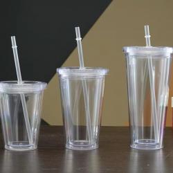 Multi-Colored Collision Tumbler With Straw Reusable Transparent Double-layer Water Bottle
