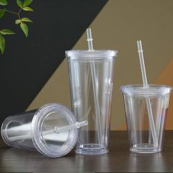 Multi-Colored Collision Tumbler With Straw Reusable Transparent Double-layer Water Bottle