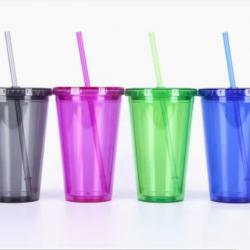 Multi-Colored Collision Tumbler With Straw Reusable Transparent Double-layer Water Bottle