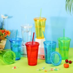 Multi-Colored Collision Tumbler With Straw Reusable Transparent Double-layer Water Bottle