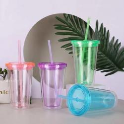 Multi-Colored Collision Tumbler With Straw Reusable Transparent Double-layer Water Bottle