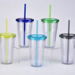 Multi-Colored Collision Tumbler With Straw Reusable Transparent Double-layer Water Bottle