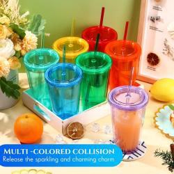 Multi-Colored Collision Tumbler With Straw Reusable Transparent Double-layer Water Bottle