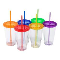 Multi-Colored Collision Tumbler With Straw Reusable Transparent Double-layer Water Bottle