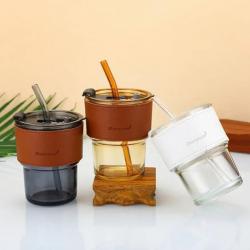 Glass Cups with PU Sleeve Tumbler Mug include Lid and Straw