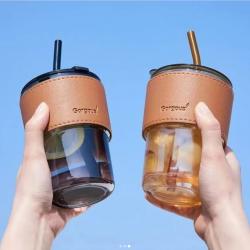 Glass Cups with PU Sleeve Tumbler Mug include Lid and Straw
