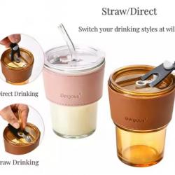 Glass Cups with PU Sleeve Tumbler Mug include Lid and Straw