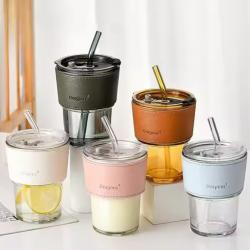 Glass Cups with PU Sleeve Tumbler Mug include Lid and Straw