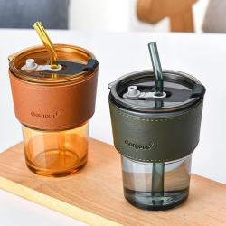 Glass Cups with PU Sleeve Tumbler Mug include Lid and Straw