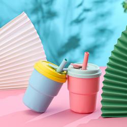 380ml Children Leak Proof Fall Resistance Silicone Cup Water Bottle Food Grade With Straw