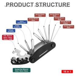 16 in 1 Multi-Functional Screwdriver Repair Tools Kit Folding Hex Allen Key Wrench Set